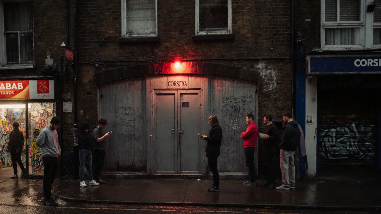 The unmarked entrance to Corsica Studios at night, with a small red light above steel doors and a few people waiting quietly outside.