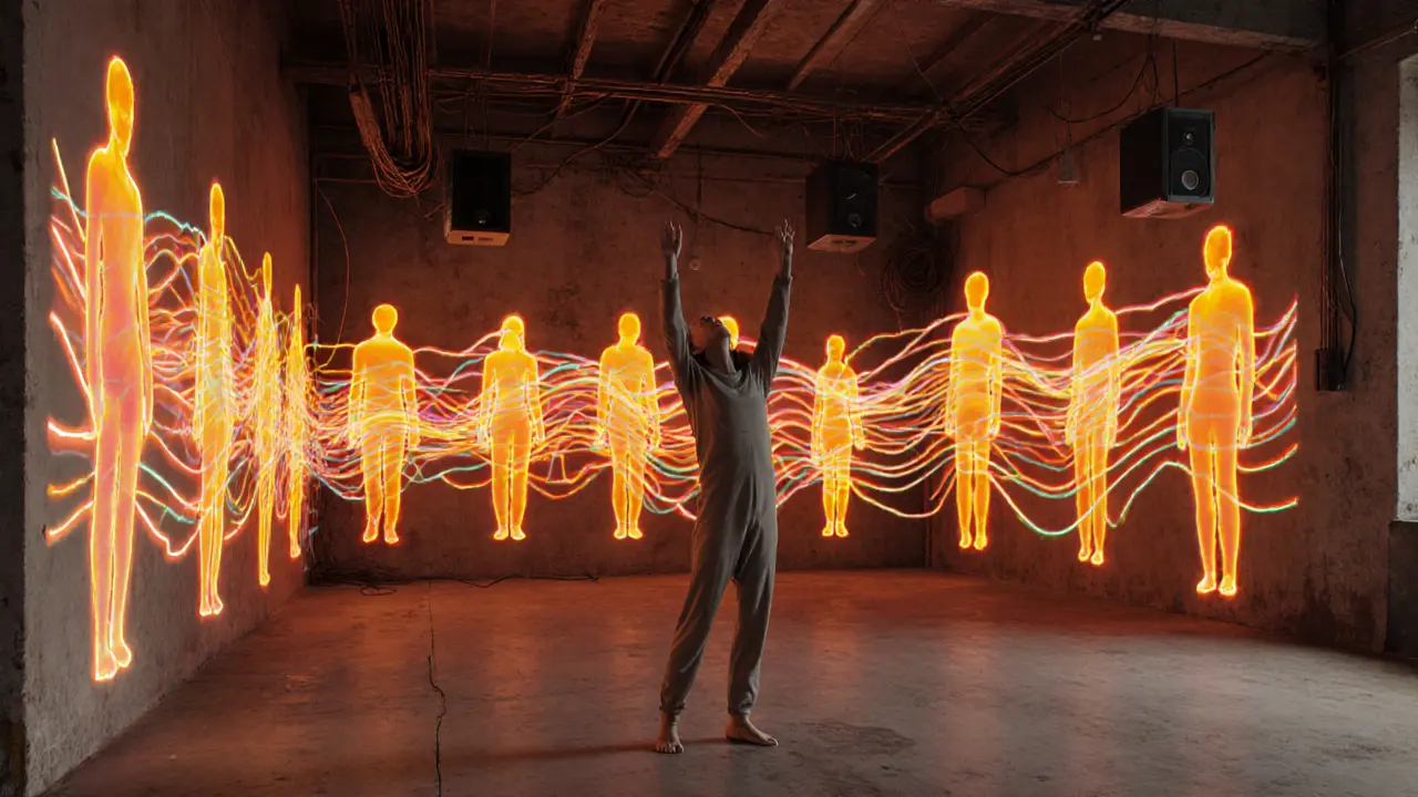 Thermal projections of audience heat signatures ripple across concrete walls in sync with experimental electronic music.