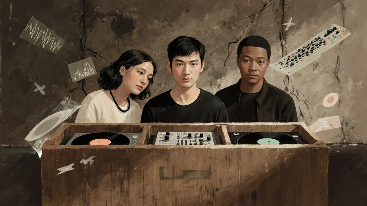 Three DJs represented among vintage vinyl records, their faces shadowed, surrounded by floating musical fragments.