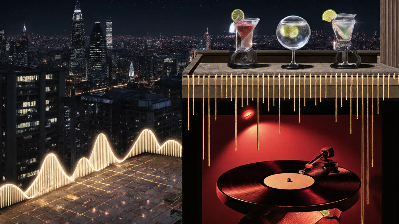 Three-tiered view of a nightclub: main floor, rooftop terrace, and basement lounge, connected by sound waves.