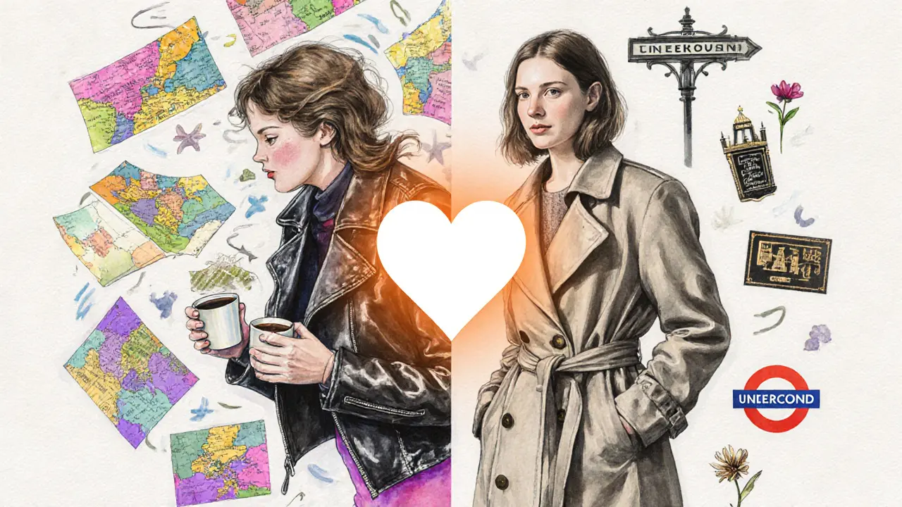 Two contrasting figures—one vibrant and global, one calm and rooted—separated by a glowing heart.