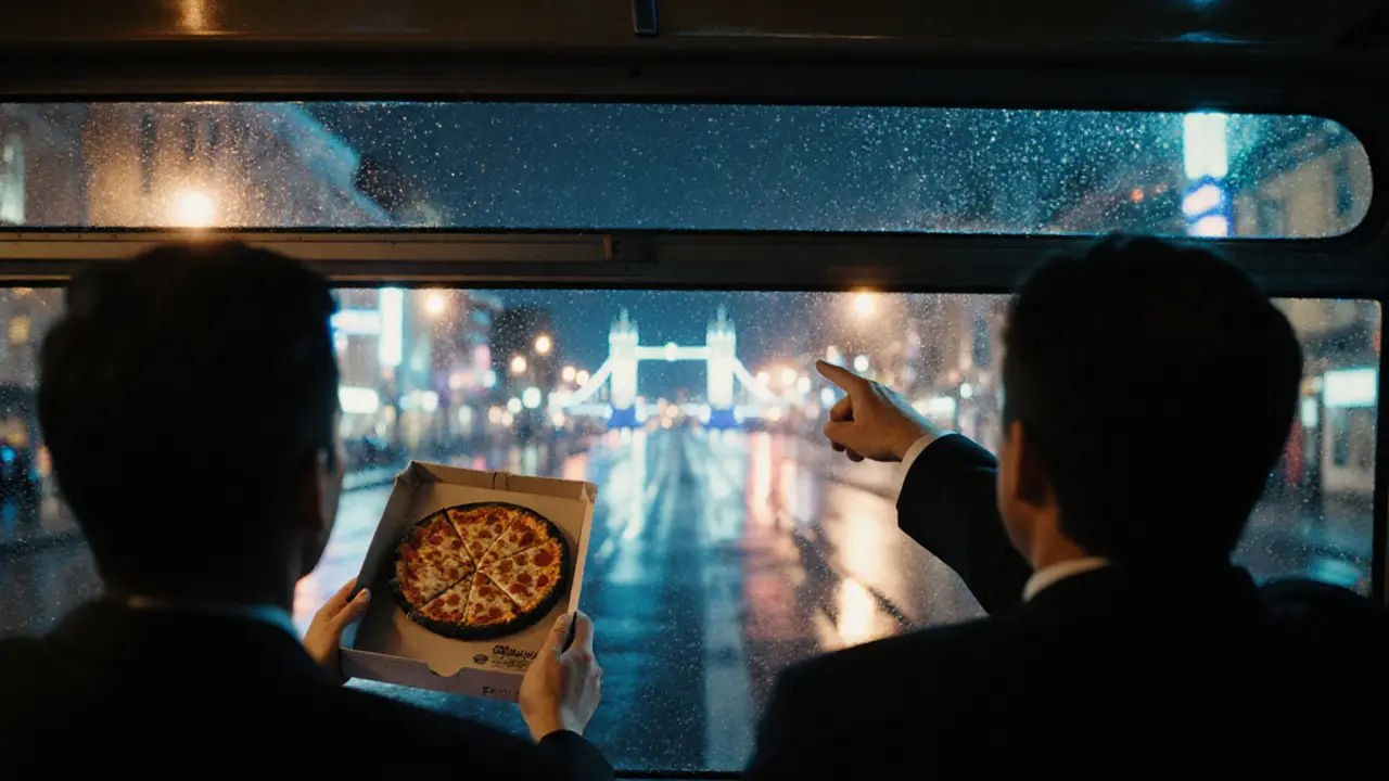 Two passengers on a night bus in London, gazing out at city lights reflected on wet streets.