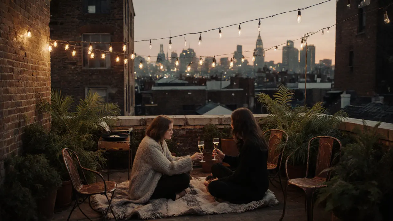Two people on a hidden rooftop garden in Peckham at twilight with fairy lights and city views.