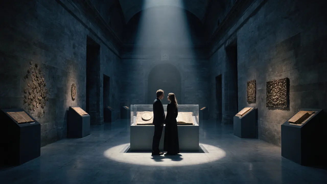 Two people quietly exploring a dimly lit museum room filled with ancient artifacts under soft spotlights.