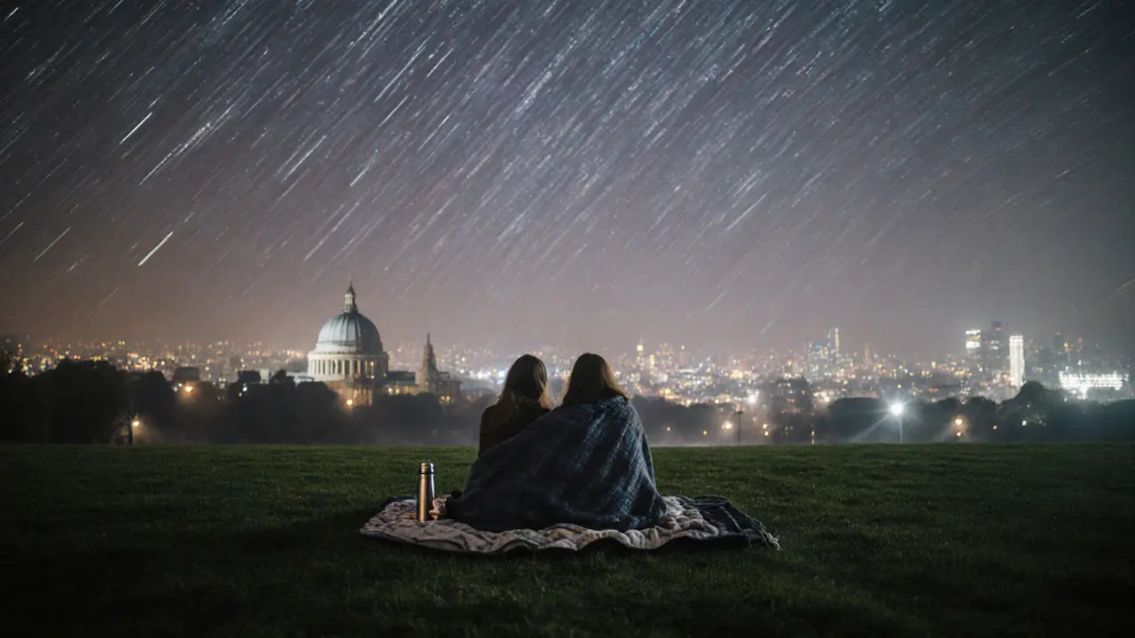 Two people stargazing in Greenwich Park, city lights glowing softly below them.