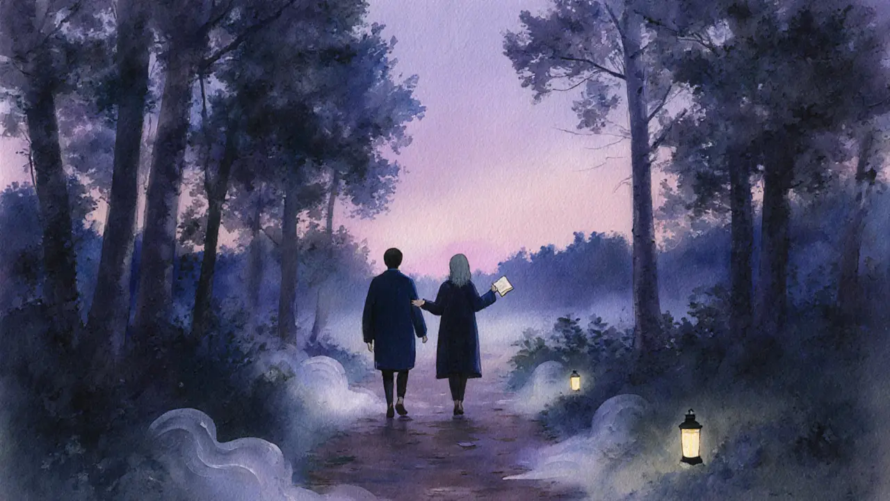 Two people walk silently through a Swedish forest, one offering a book as dusk settles around them.