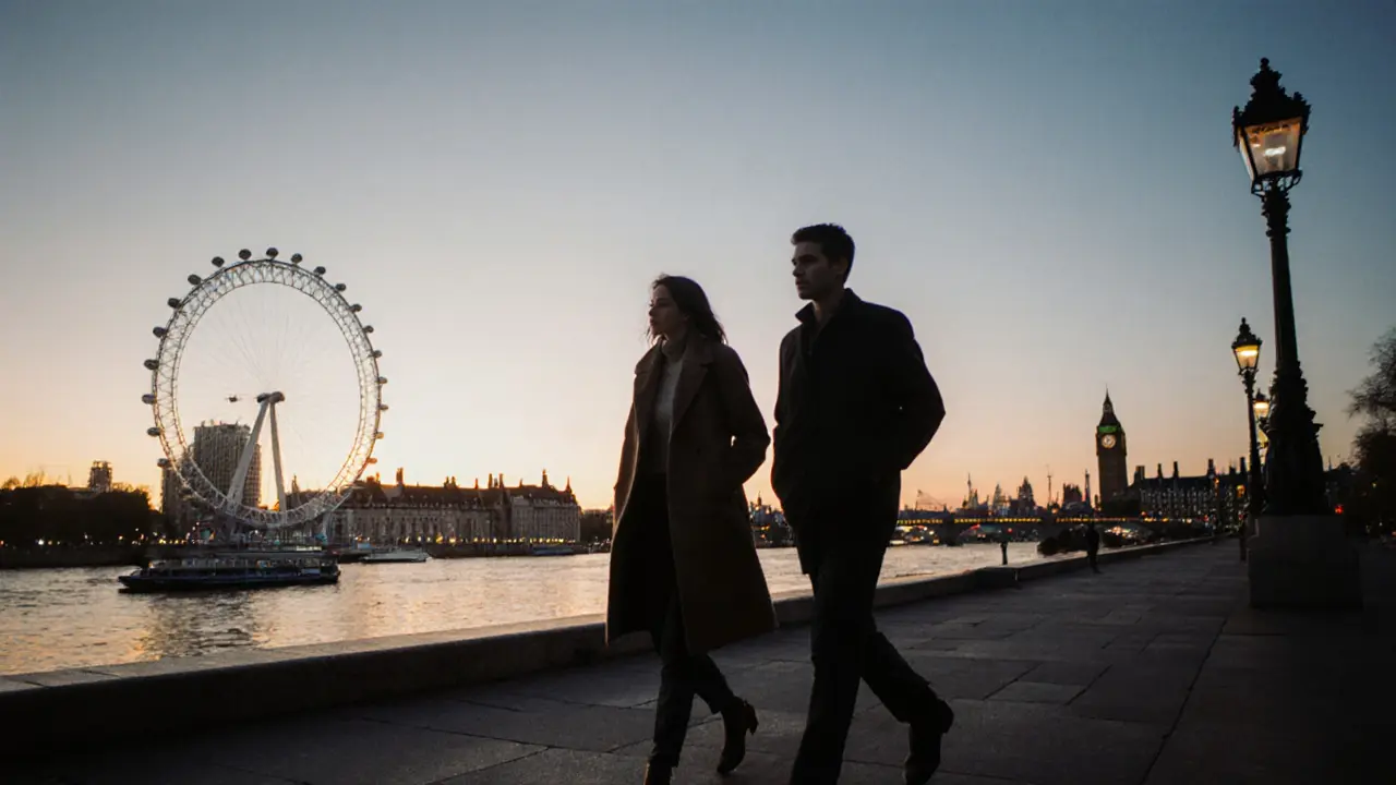 Two people walking silently along the Thames at sunset, silhouetted against the glowing city.