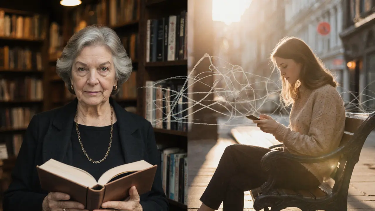 Two women of different ages, one reading in a bookshop and one on a bench, bathed in warm sunlight with symbolic threads connecting them.