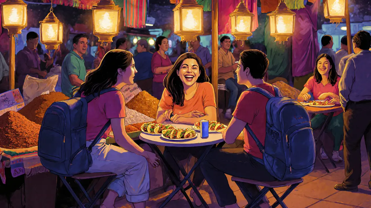 Woman laughing with strangers over tacos at a nighttime Oaxaca street market.