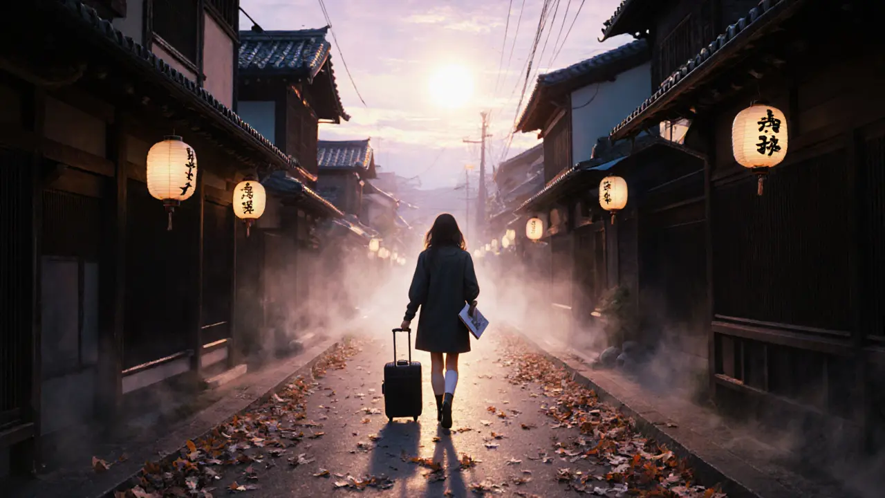 Woman walking through a quiet Kyoto street at twilight with journal and suitcase.