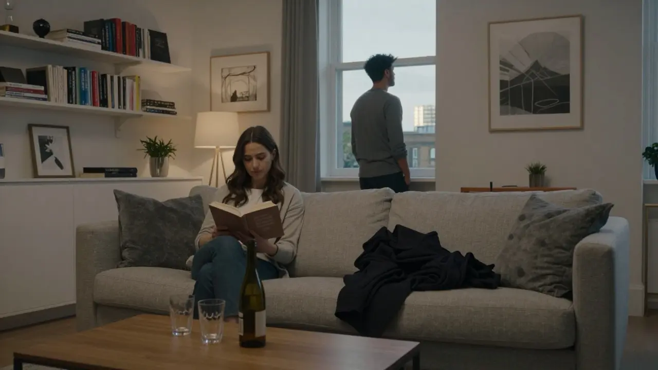 A calm interior scene in a London apartment, two people present but not touching, evening light filtering through windows.