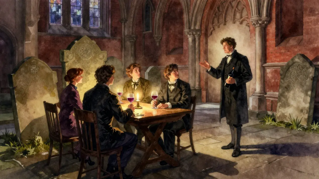 A candlelit wine tasting in an ancient crypt with tombstones in the background.