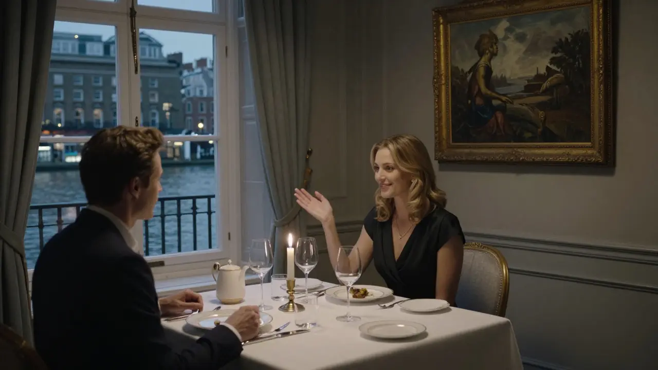 A couple sharing a private dinner in a London townhouse, candlelight, fine dining, Thames lights visible through the window.
