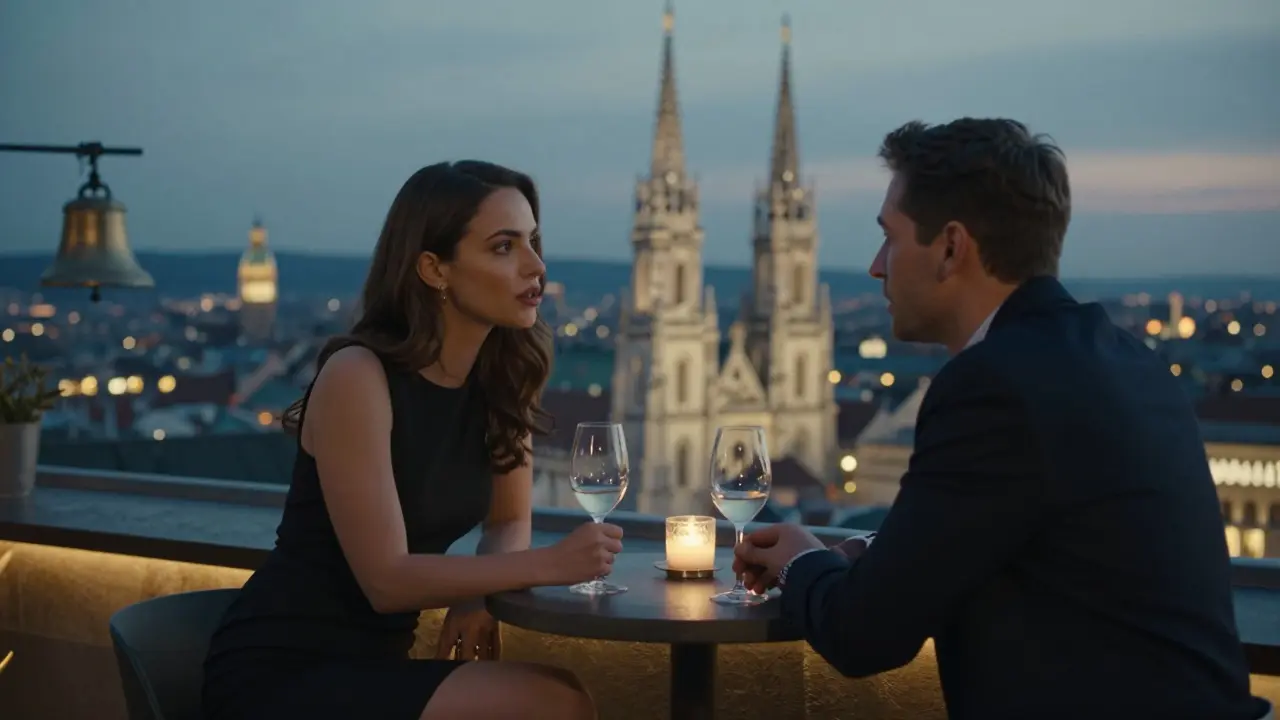 A couple sharing a quiet moment at a rooftop bar in Vienna at dusk.