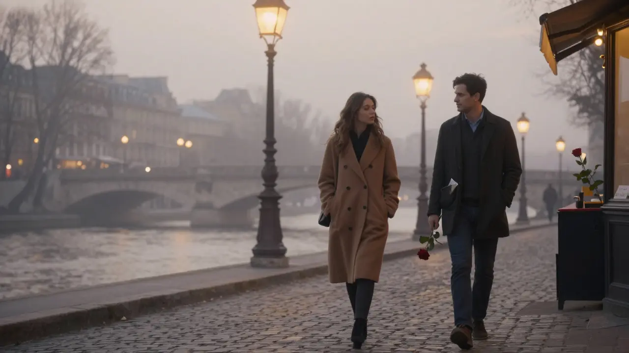 A couple walking peacefully along the Seine at dusk, one holding a single red rose, bathed in soft evening light.