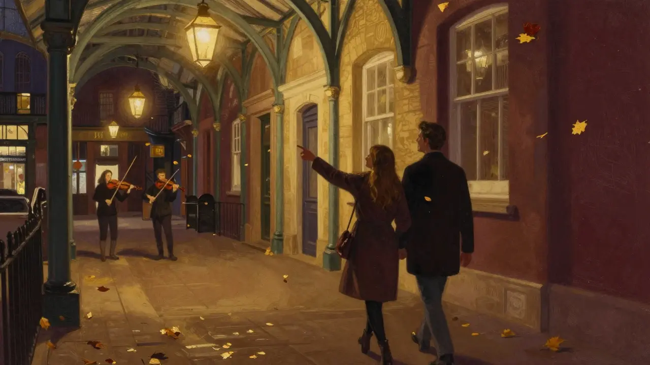A couple walking through Covent Garden at night, lit by lanterns and surrounded by street performers.