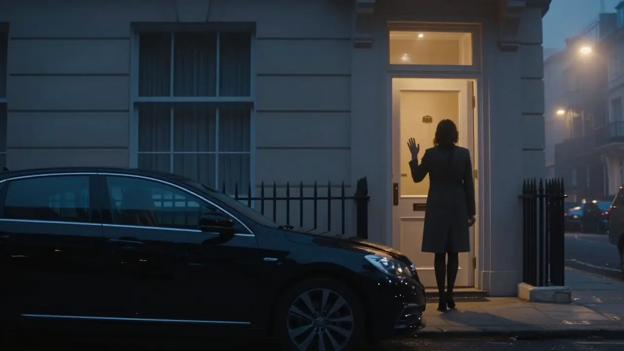 A discreet car and silhouette of a woman leaving an apartment at dusk in London.