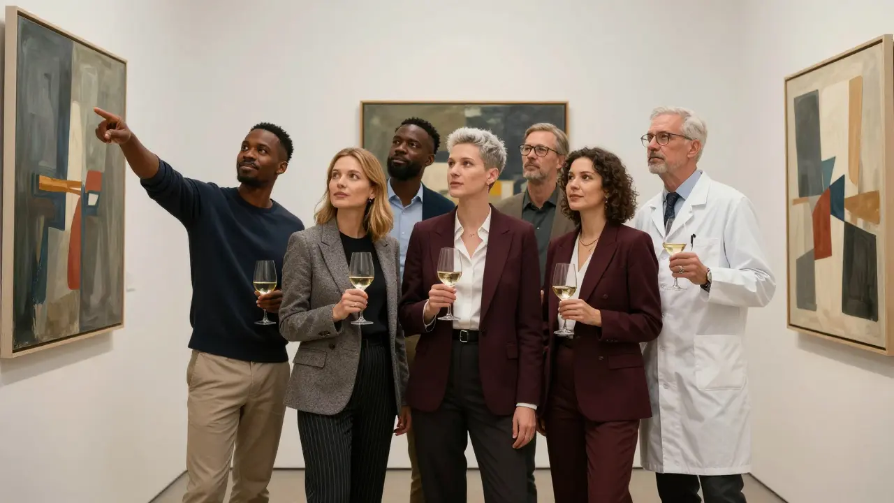 A diverse group of professional companions in a Berlin art gallery, engaging with artwork in elegant casual attire.