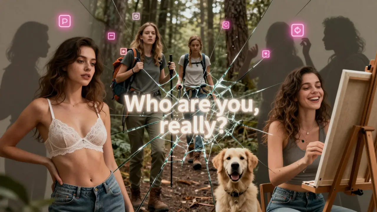A fractured mirror showing a woman’s multiple selves: posed, hiking, laughing, painting—with digital app icons looming behind.