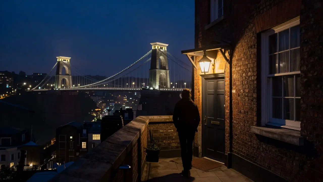 A lone figure stepping onto a hidden rooftop terrace in Bristol, illuminated by a single lantern above an unmarked door at night.
