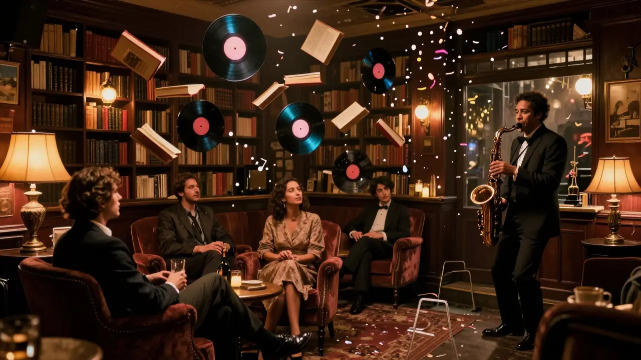 A magical bookshop speakeasy with floating books and jazz records, lit by warm vintage lamps in Soho.