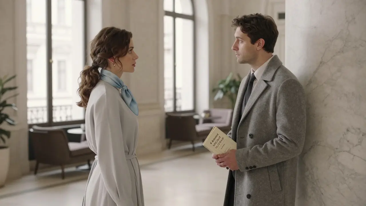 A man and woman meet silently in a Vienna hotel lobby, one holding a book, the other with a blue scarf.