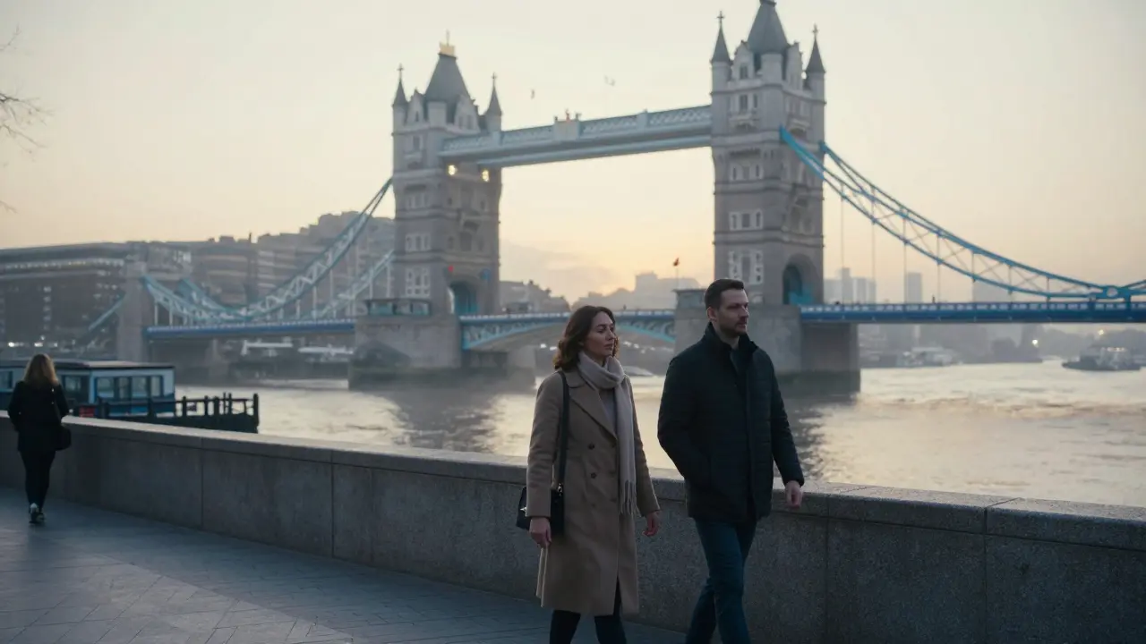 A man and woman walking peacefully along the Thames at dawn, mist rising, historic architecture in the background.