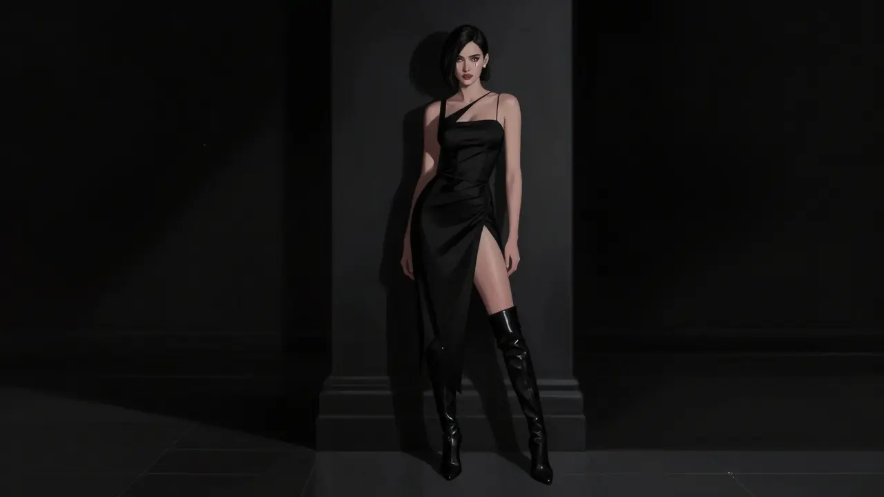 A person in a sleek black asymmetrical dress and leather boots standing confidently in dim club lighting.
