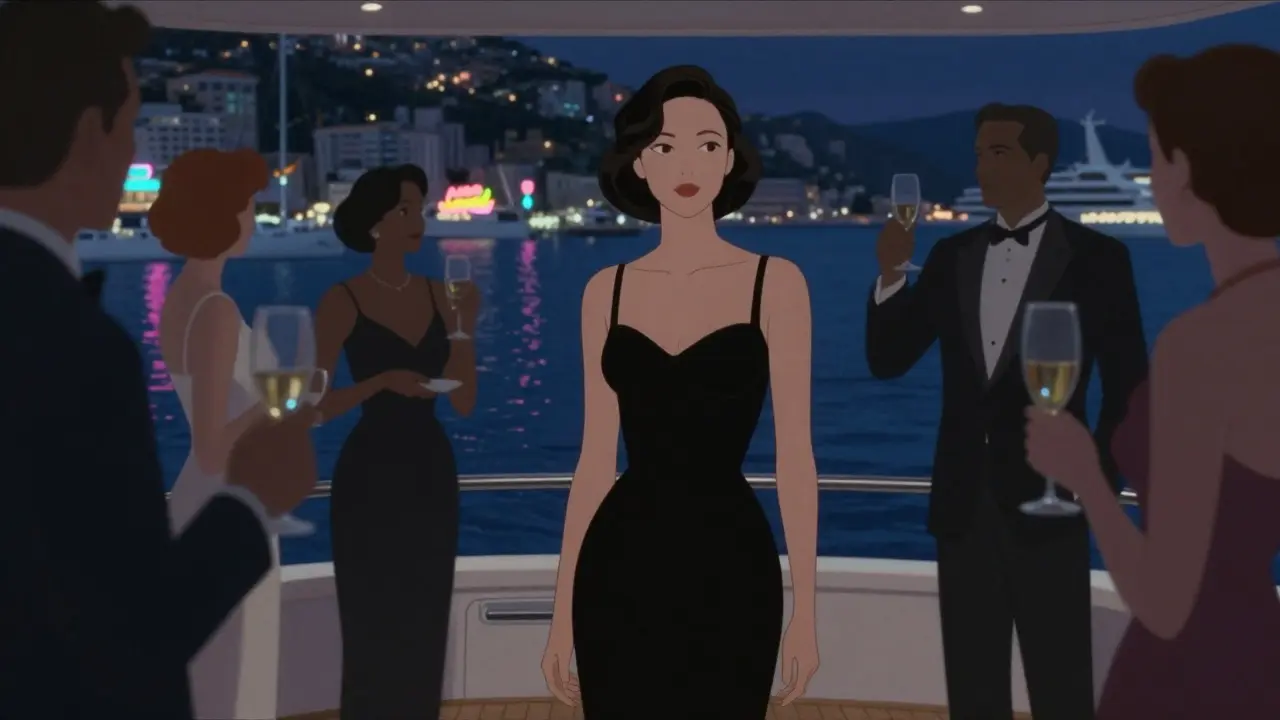 A poised woman at a Monaco yacht party, surrounded by blurred guests under neon reflections on the ocean.