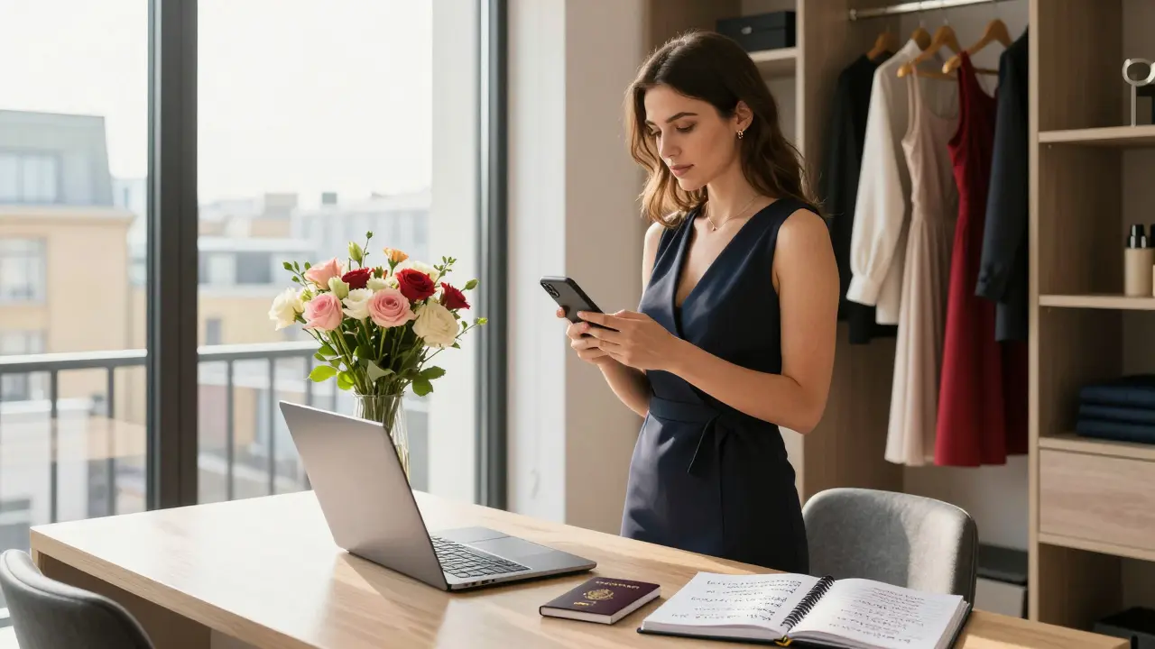 A professional woman in a modern London apartment prepares for an evening, surrounded by designer clothes and a booking screen.