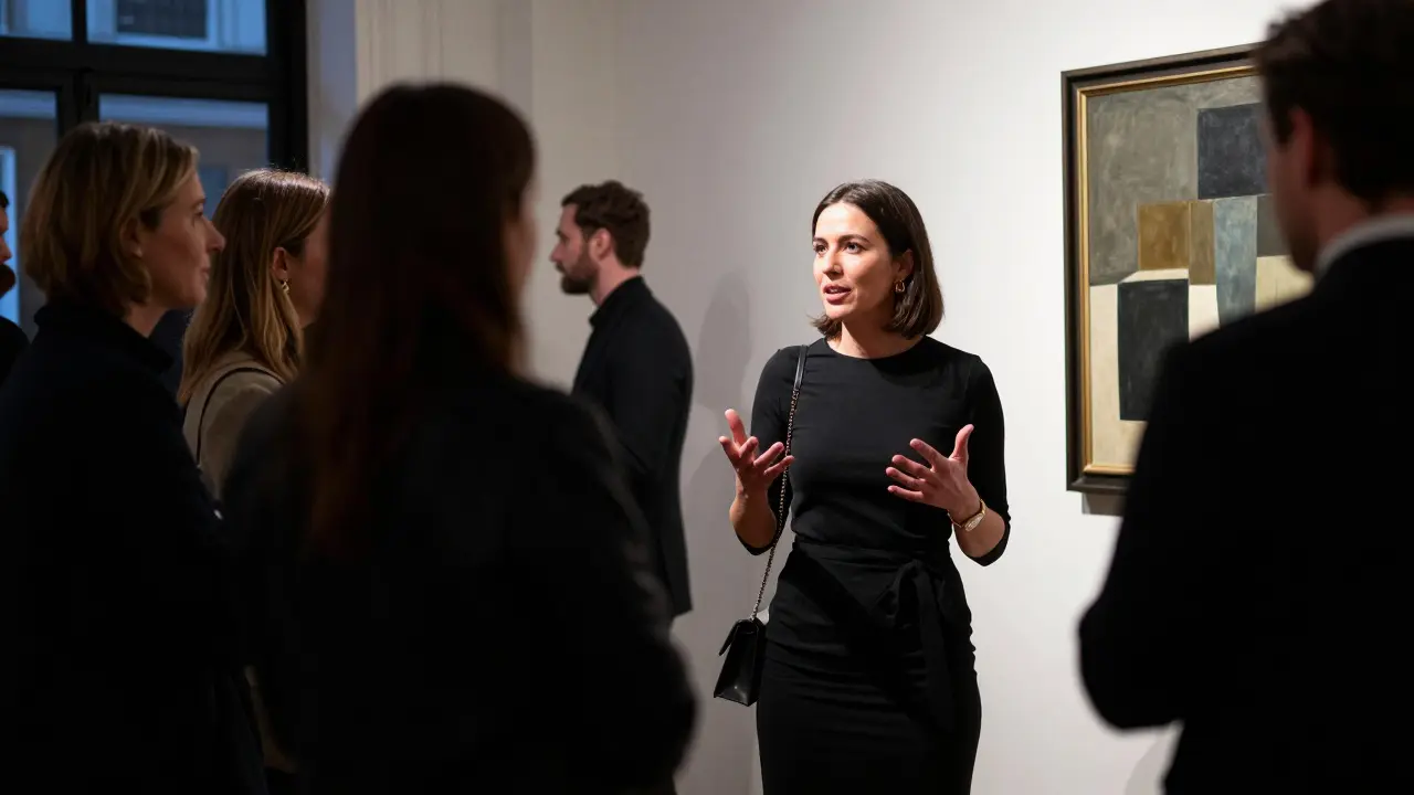 A sophisticated woman engaging with guests at an upscale art gallery opening in Mayfair.
