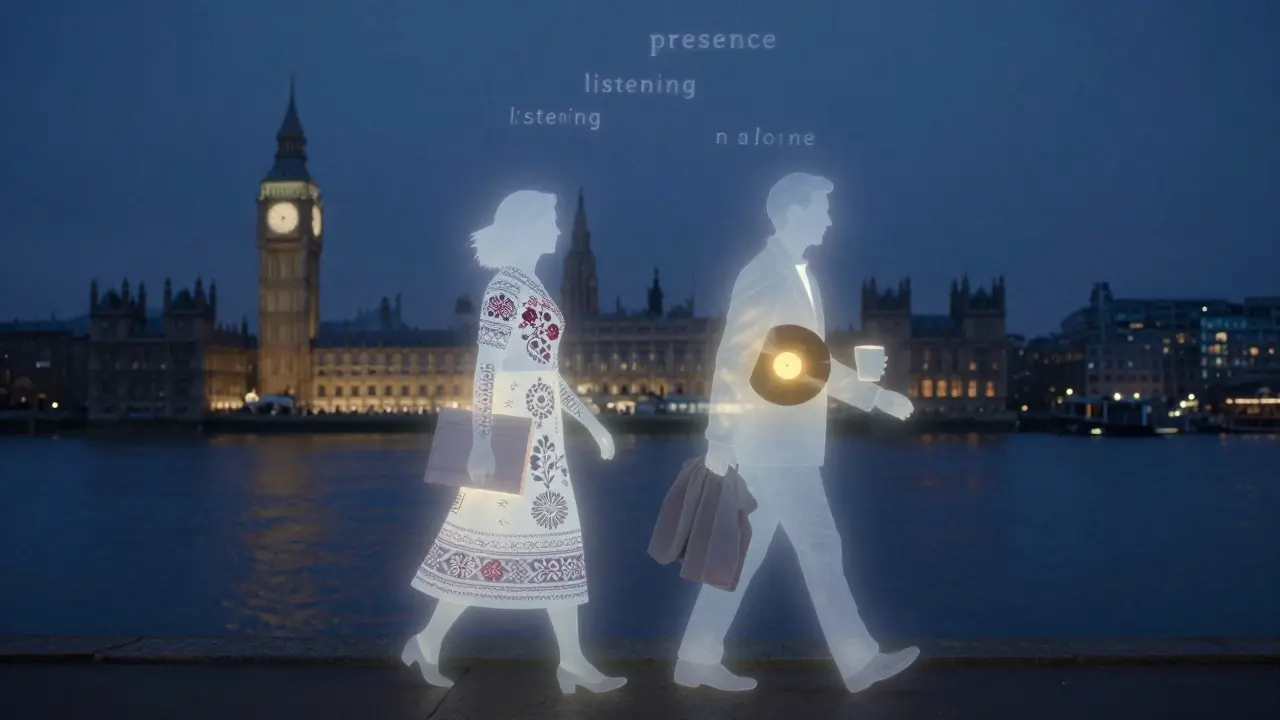 A surreal walk along the Thames at night, with cultural motifs glowing around one figure as memories float in the air.