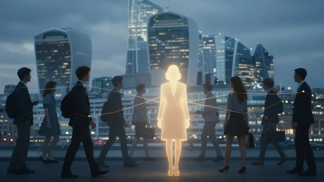 A symbolic London skyline with golden threads connecting lonely figures to a central woman representing companionship.