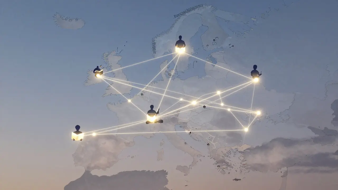 A transparent map of Europe with glowing connection lines to symbolic figures representing diverse companionship.