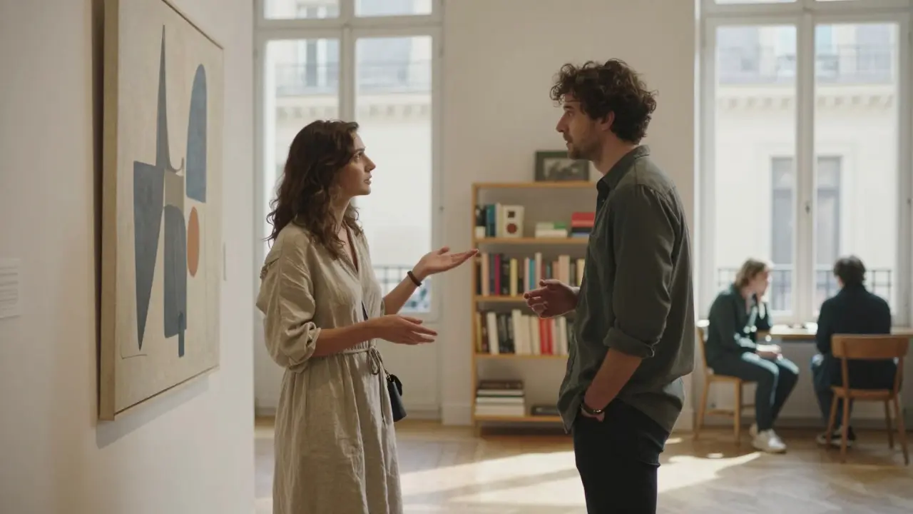 A woman and man engaging with art in a sunlit Paris gallery, lost in thoughtful discussion.