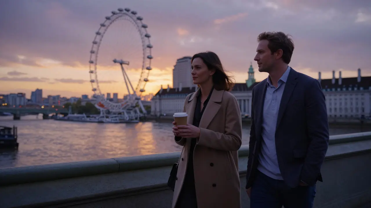 A woman and man walking along the Thames at sunset, city lights beginning to glow in the distance.