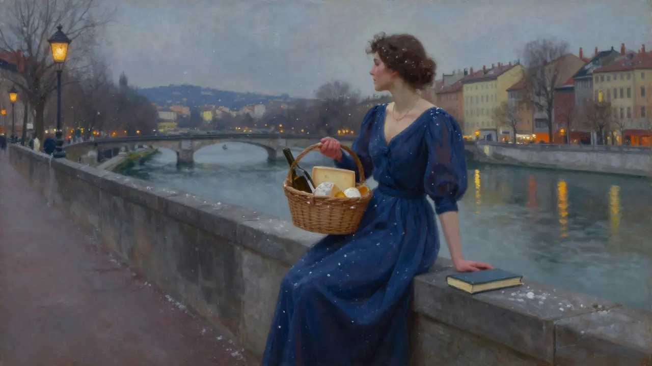 A woman stands on a Lyon bridge at dusk, holding wine and cheese as snow falls gently around her.