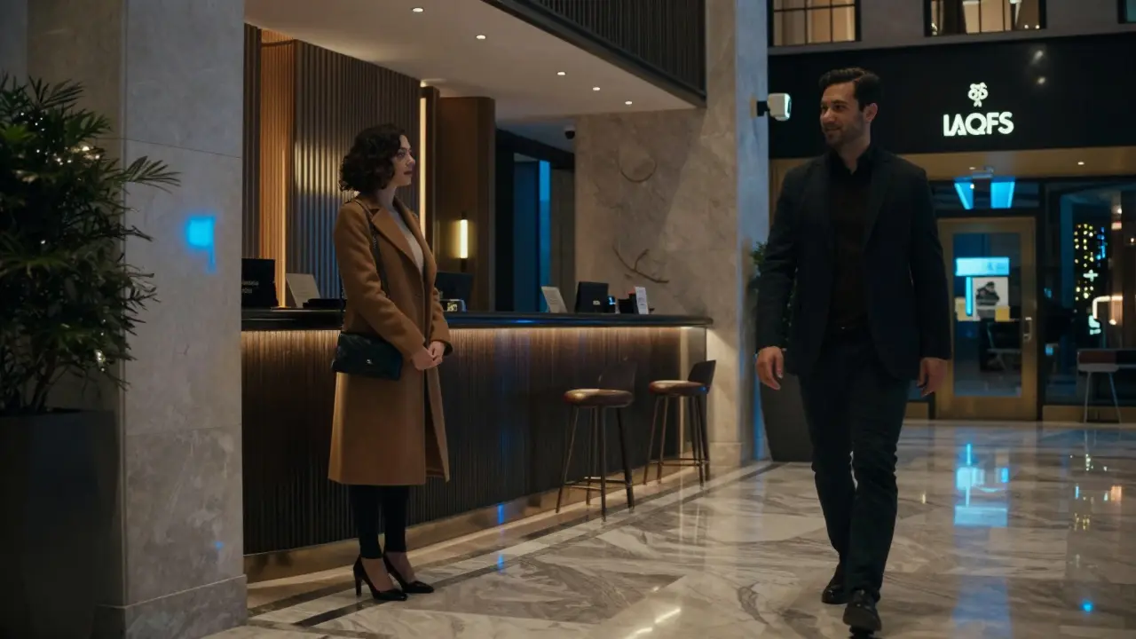 A woman waiting calmly in a hotel lobby as a man approaches respectfully.