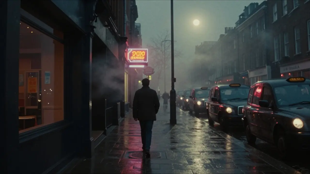 An empty London street at 3 AM after the clubs close, with a lone walker and distant diner glow.