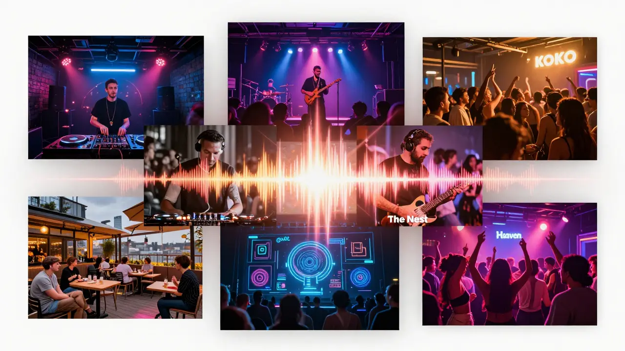 Collage of London&#039;s seven nightlife scenes connected by soundwaves, showing diversity and unity.