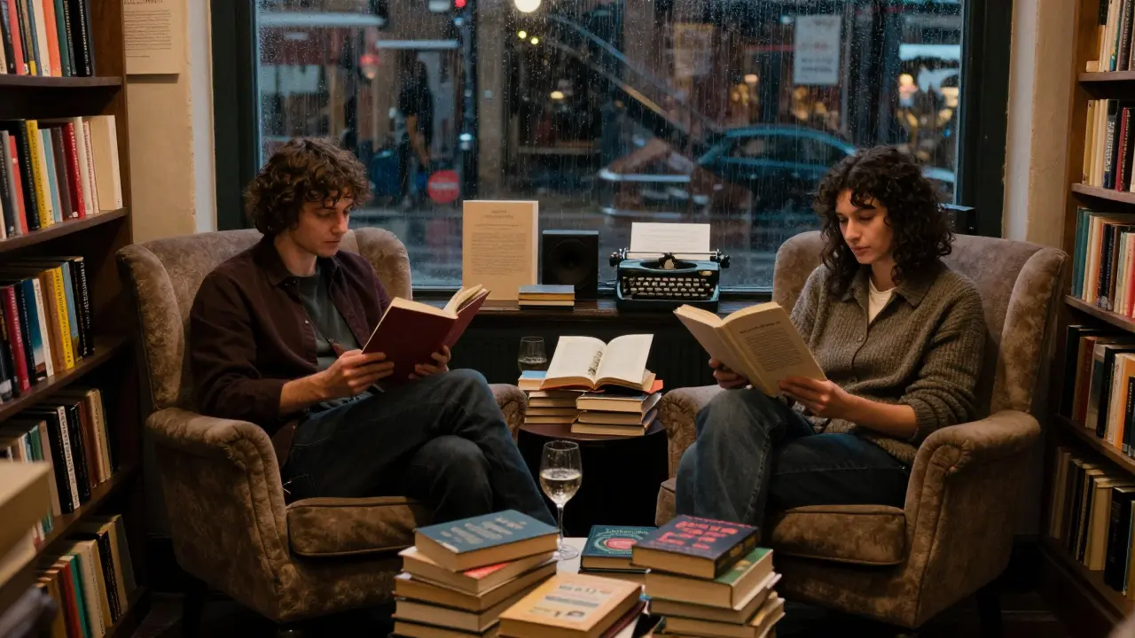 Couple reading poetry together in a cozy 24-hour bookshop with warm lighting and books around them.