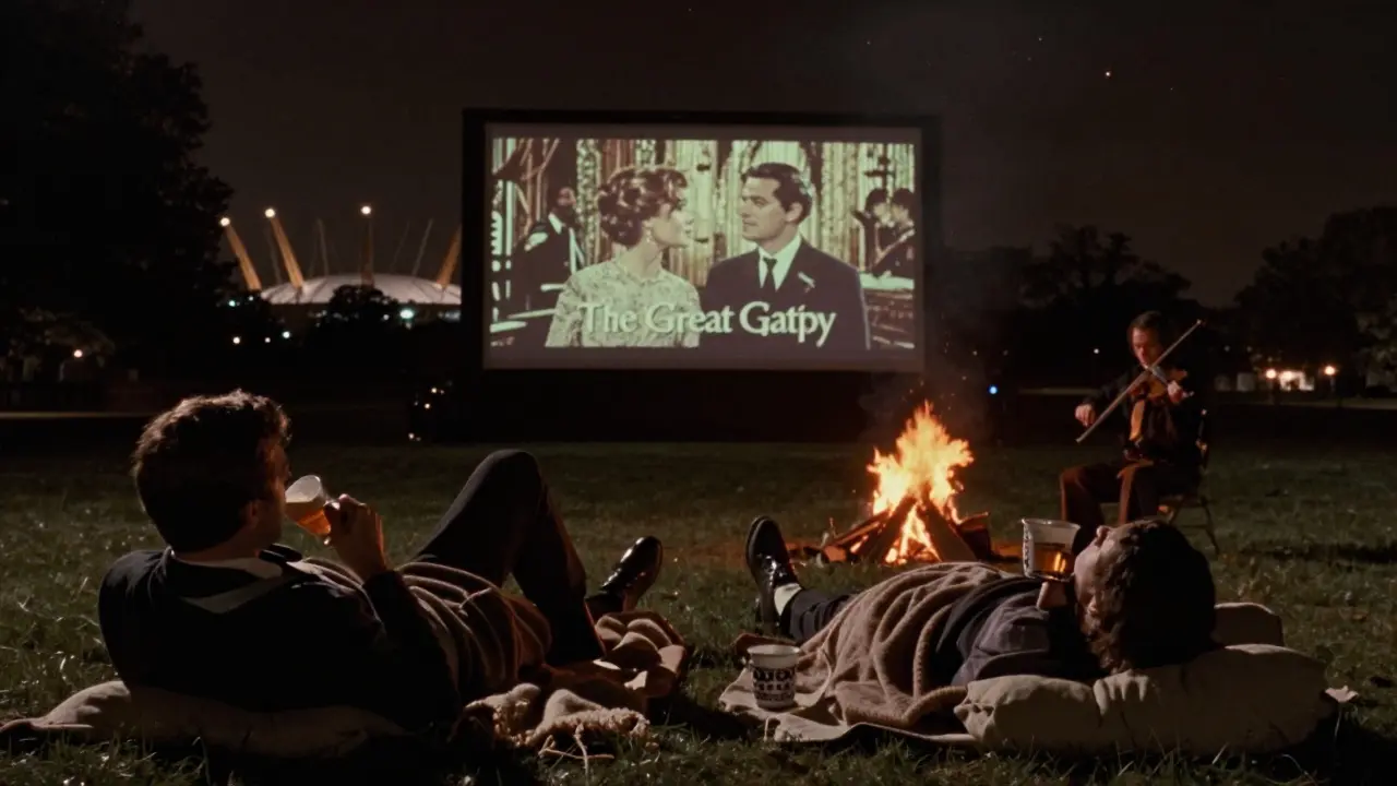 Couples watching a classic film on a giant outdoor screen under stars in Greenwich Park.
