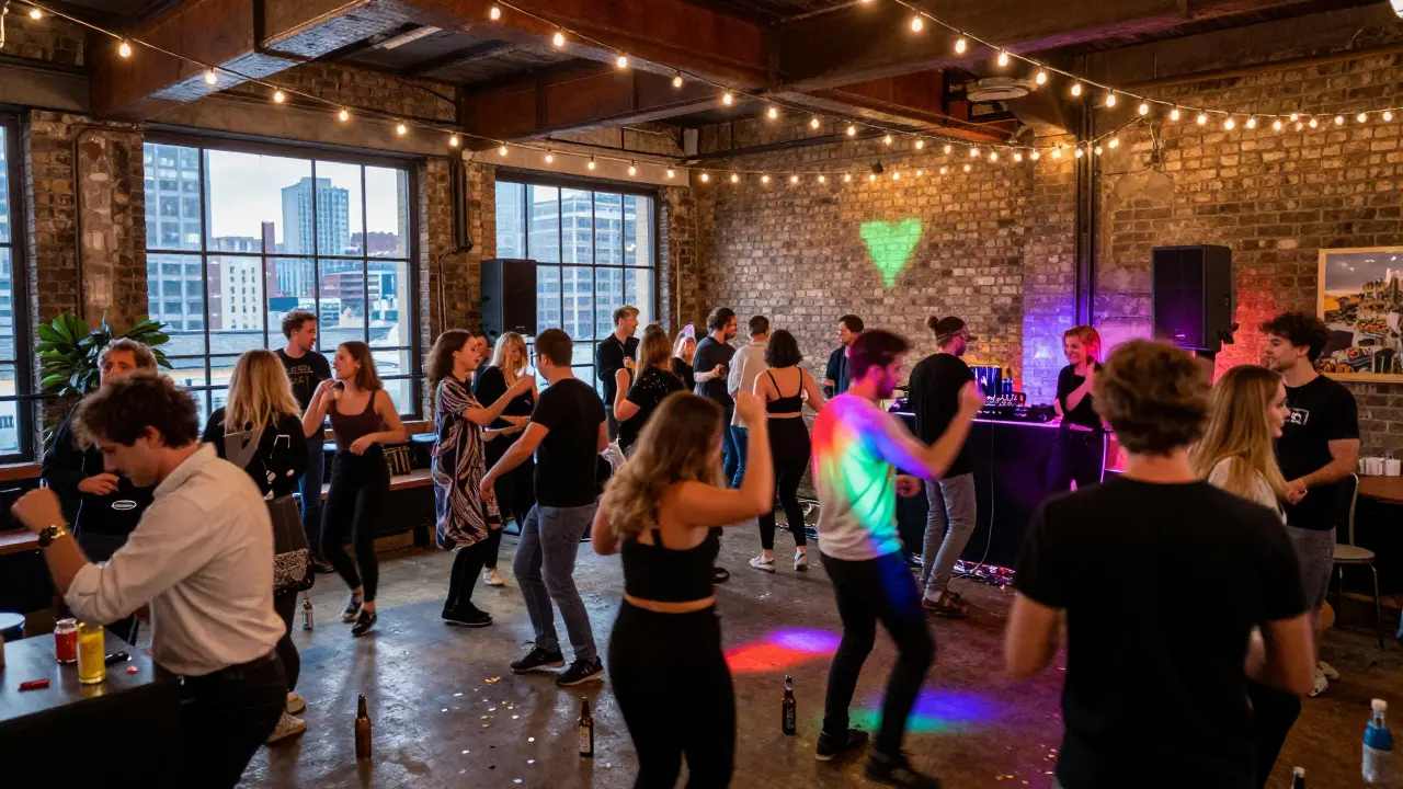 Crowd dancing in an industrial loft space with string lights and city skyline in the background.