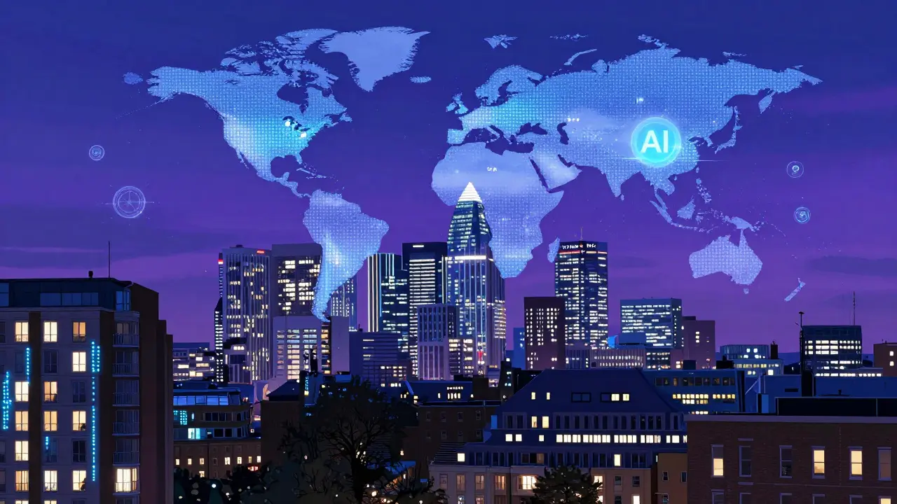 Digital connections from London homes flowing globally, symbolizing privacy and decentralized entertainment.