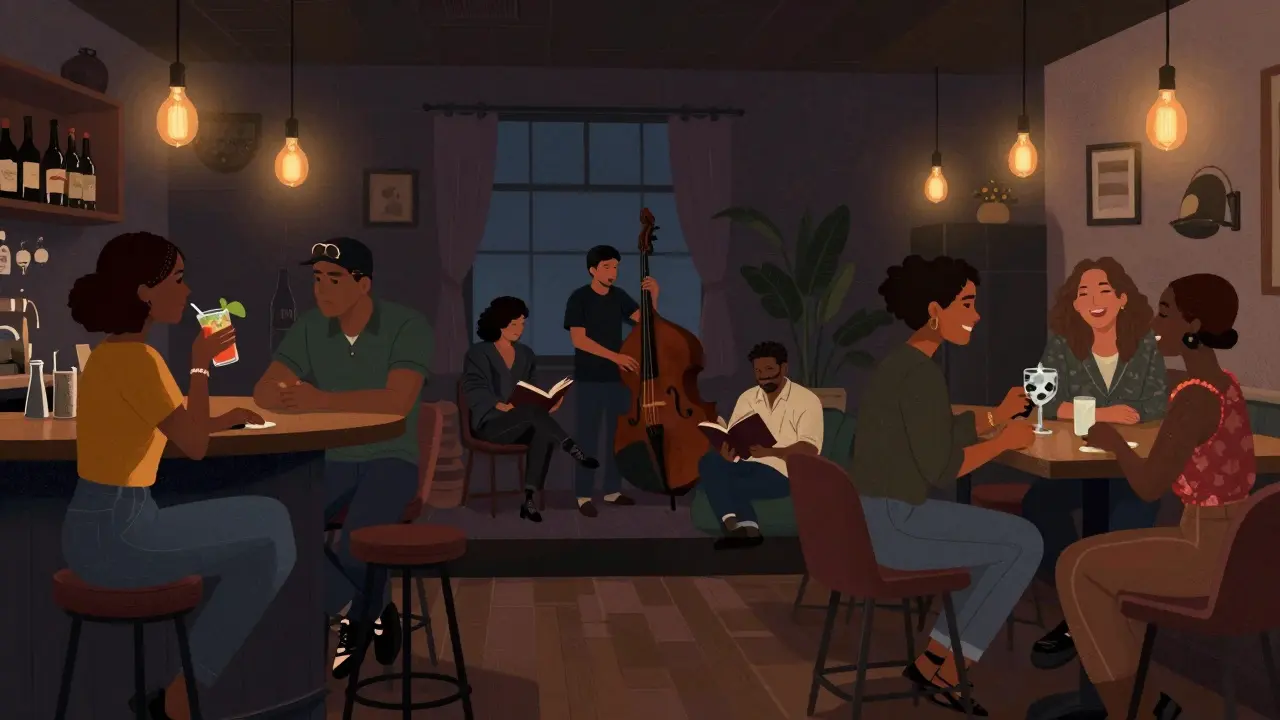 Diverse group of people in a neighborhood bar sharing quiet moments, jazz playing softly in the background.