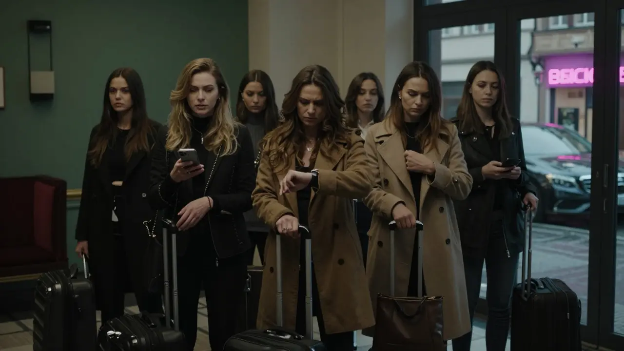 Diverse group of women in a Prague hotel lobby, looking at phones with suitcases.