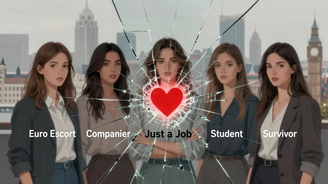 Fractured mirror showing five women with different labels, center reads 'Just a Job'.