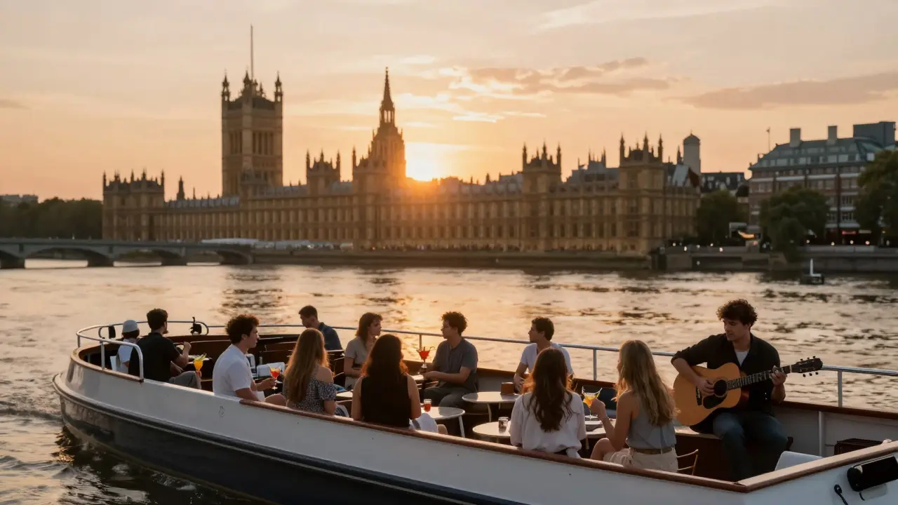 Friends enjoying sunset cocktails on a calm river cruise as historic buildings glow in golden light.