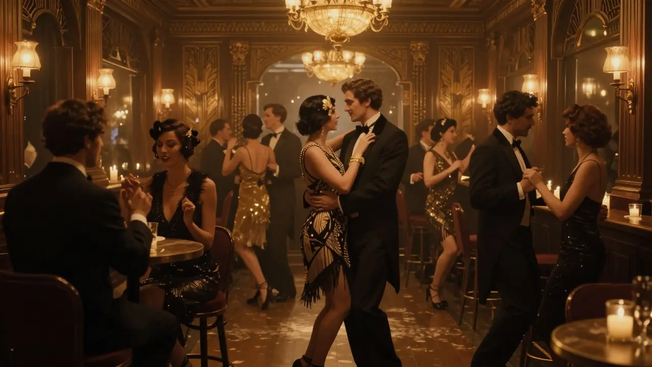 Friends immersed in a 1920s speakeasy setting with actors in vintage attire, candlelit and atmospheric.