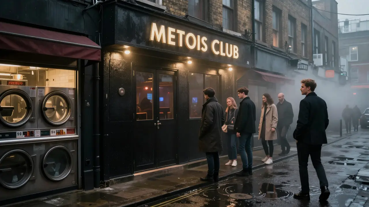 Gritty alley leading to glowing club doors as people wait in line at night